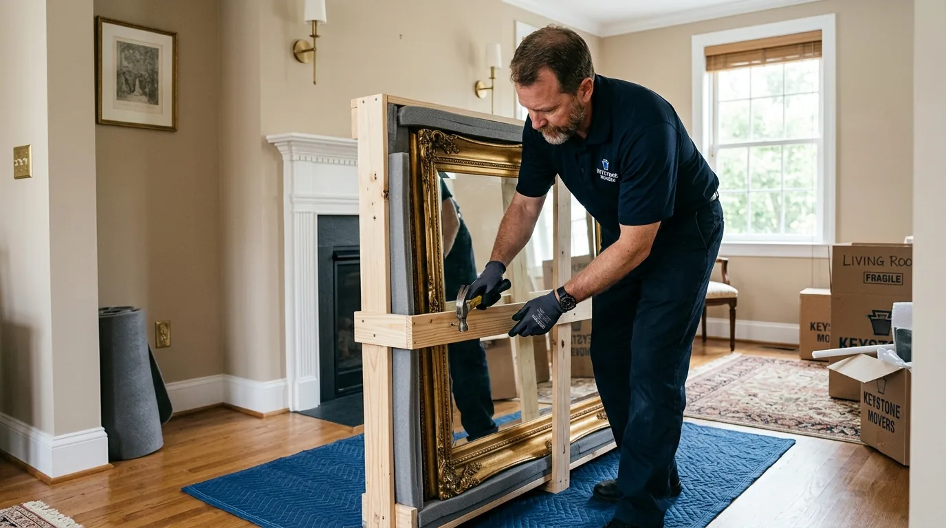 Mover crating a large framed mirror with wood and foam in a Chambersburg townhouse Mover crating a large framed mirror with wood and foam in a Chambersburg townhouse.