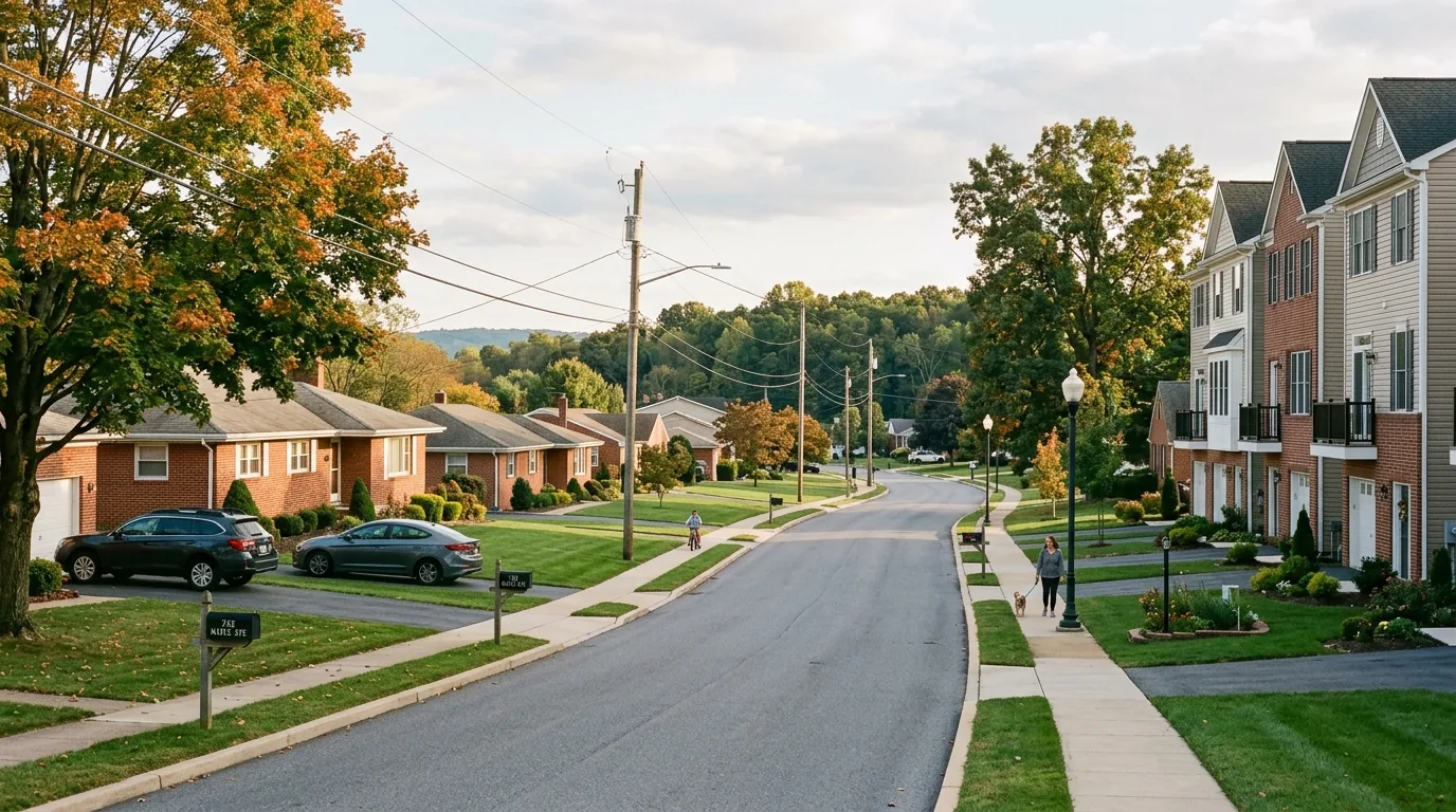 Suburban street with brick ranch homes and townhouses on Chambersburg’s outskirts Suburban street with brick ranch homes and townhouses on Chambersburg’s outskirts.