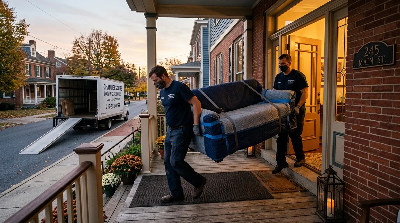 Movers carrying a wrapped sofa out the front door toward a truck in Chambersburg Movers carrying a wrapped sofa out the front door toward a truck in Chambersburg.