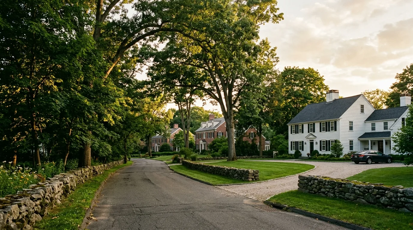 A maintained estate neighborhood with long private approaches