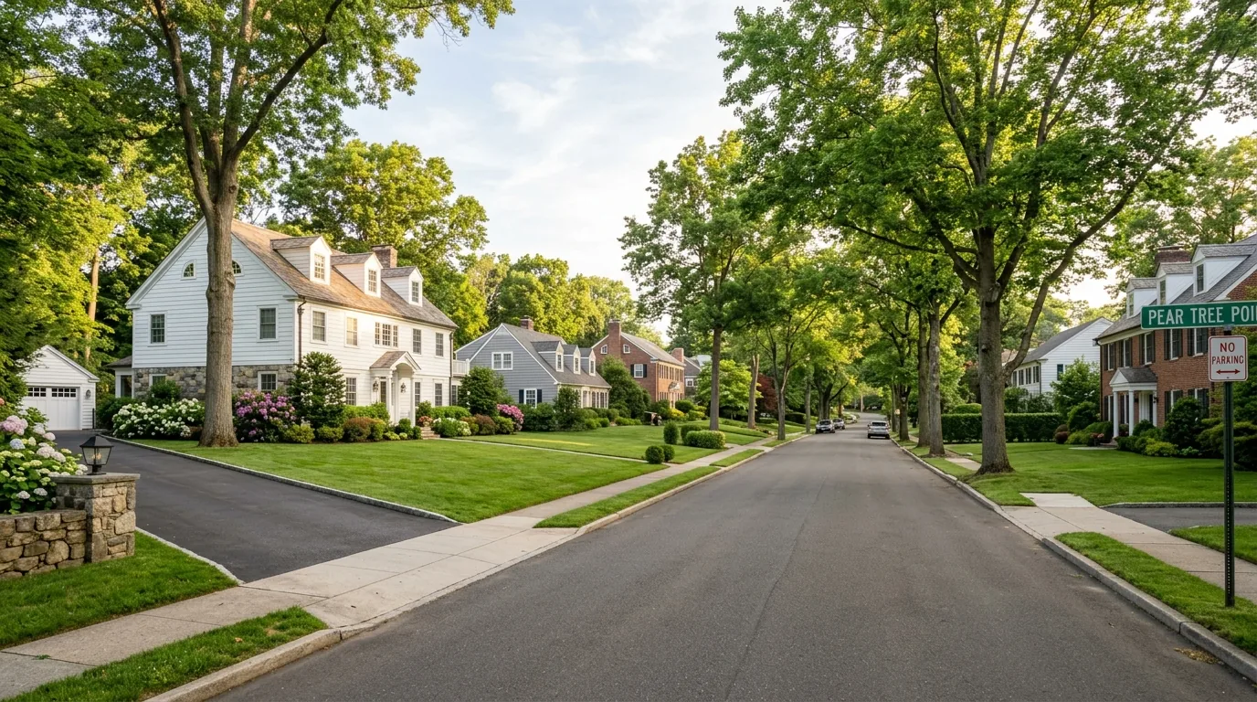 Tree-lined street in Darien with Colonial and Cape-style homes and manicured lawns Tree-lined street in Darien with Colonial and Cape-style homes and manicured lawns.