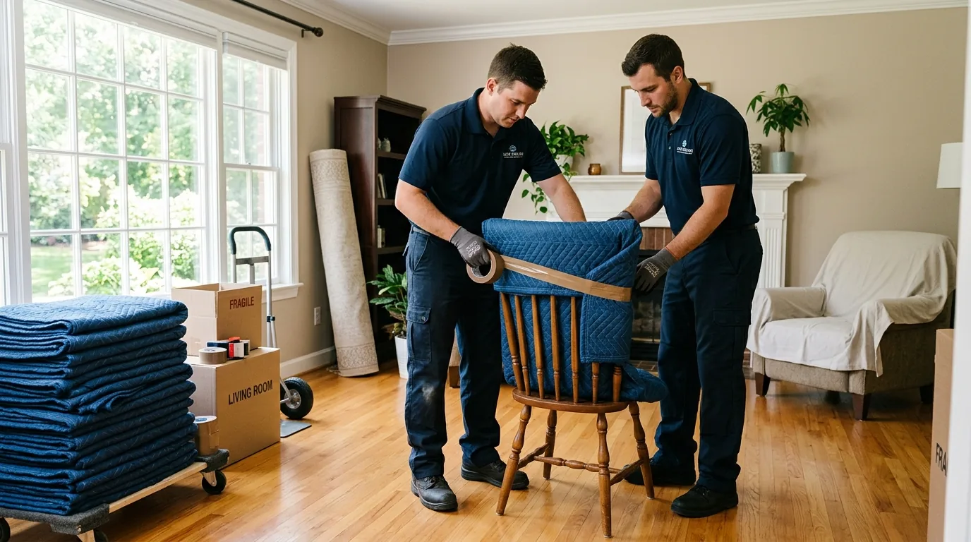 Movers wrapping a wooden chair with blankets and tape in a bright living room Movers wrapping a wooden chair with blankets and tape in a bright living room.