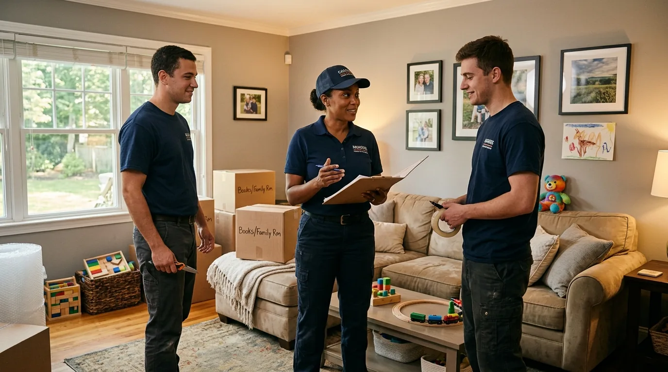 Crew lead with clipboard planning a move in a lived-in family room with toys and art Crew lead with clipboard planning a move in a lived-in family room with toys and art.