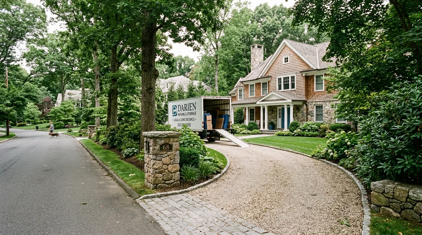 Landscaped house and driveway A shingled house with a curved driveway, stone entrance posts and mature landscaping.