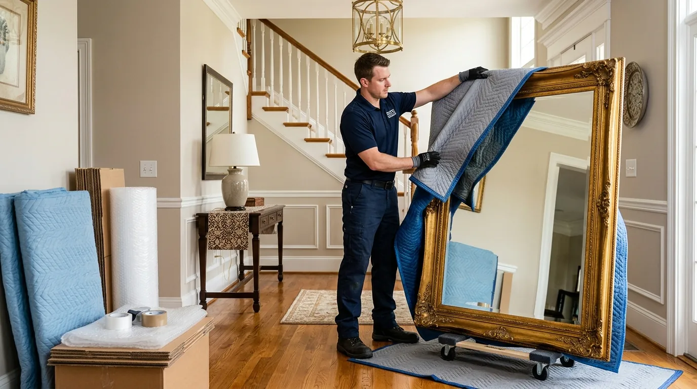 Mover wrapping a large framed mirror with blankets in a foyer with wood and brass accents Mover wrapping a large framed mirror with blankets in a foyer with wood and brass accents.