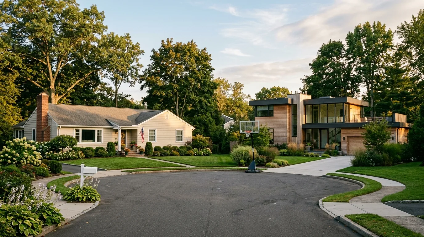 Post-war ranch and contemporary home on a quiet Darien cul-de-sac with gardens Post-war ranch and contemporary home on a quiet Darien cul-de-sac with gardens.