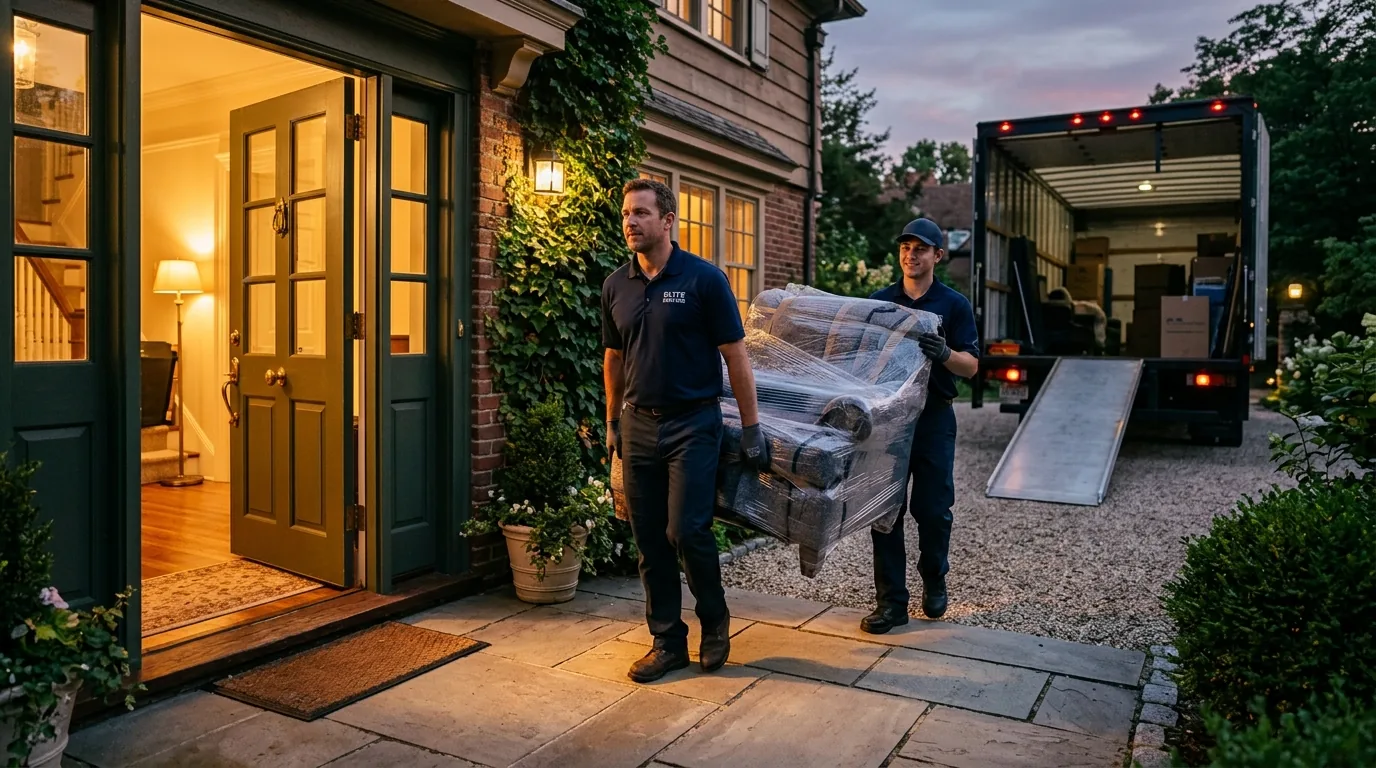 Movers carrying a wrapped armchair out a front door toward a moving truck at dusk.