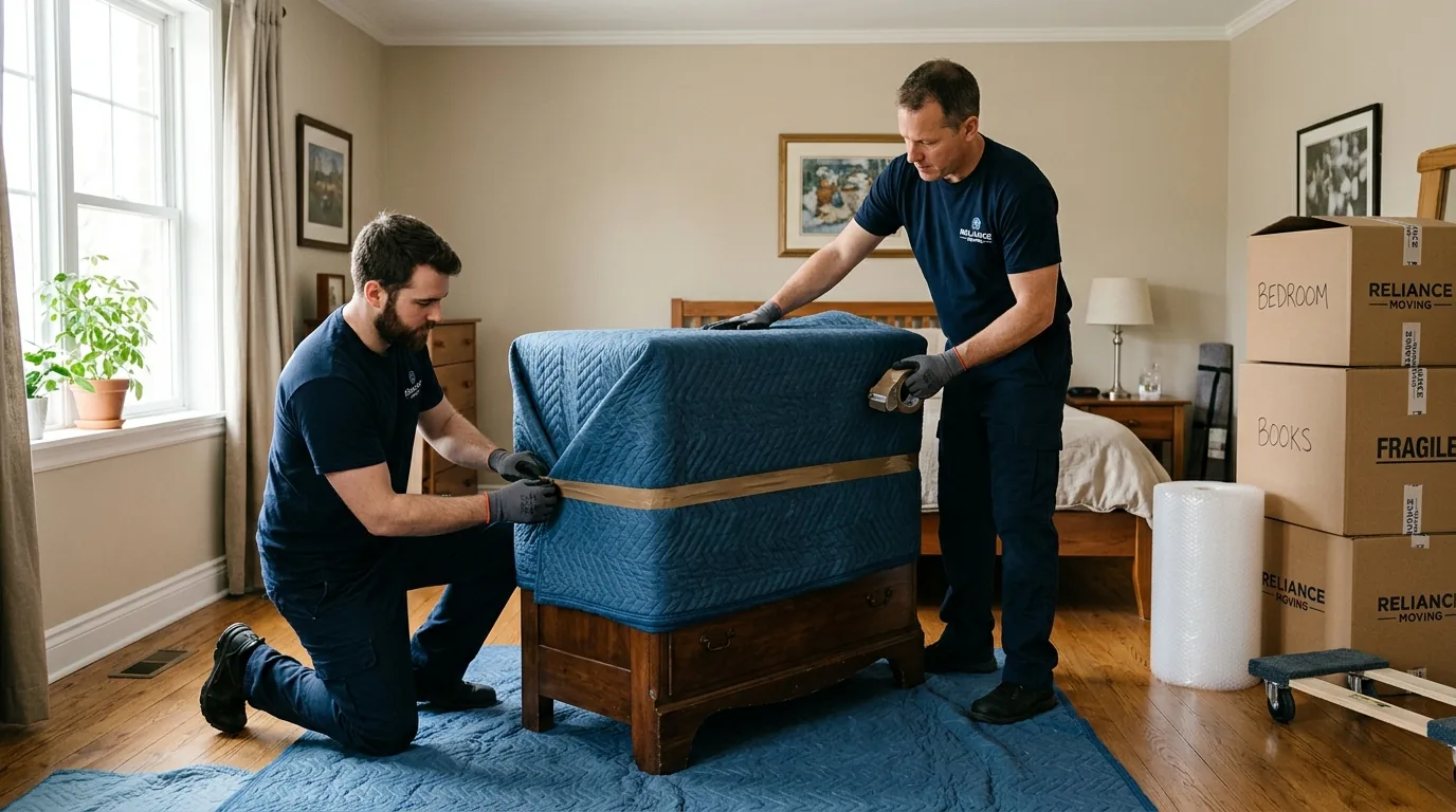 Movers wrapping a wooden dresser with blankets and tape in a home interior Movers wrapping a wooden dresser with blankets and tape in a home interior.