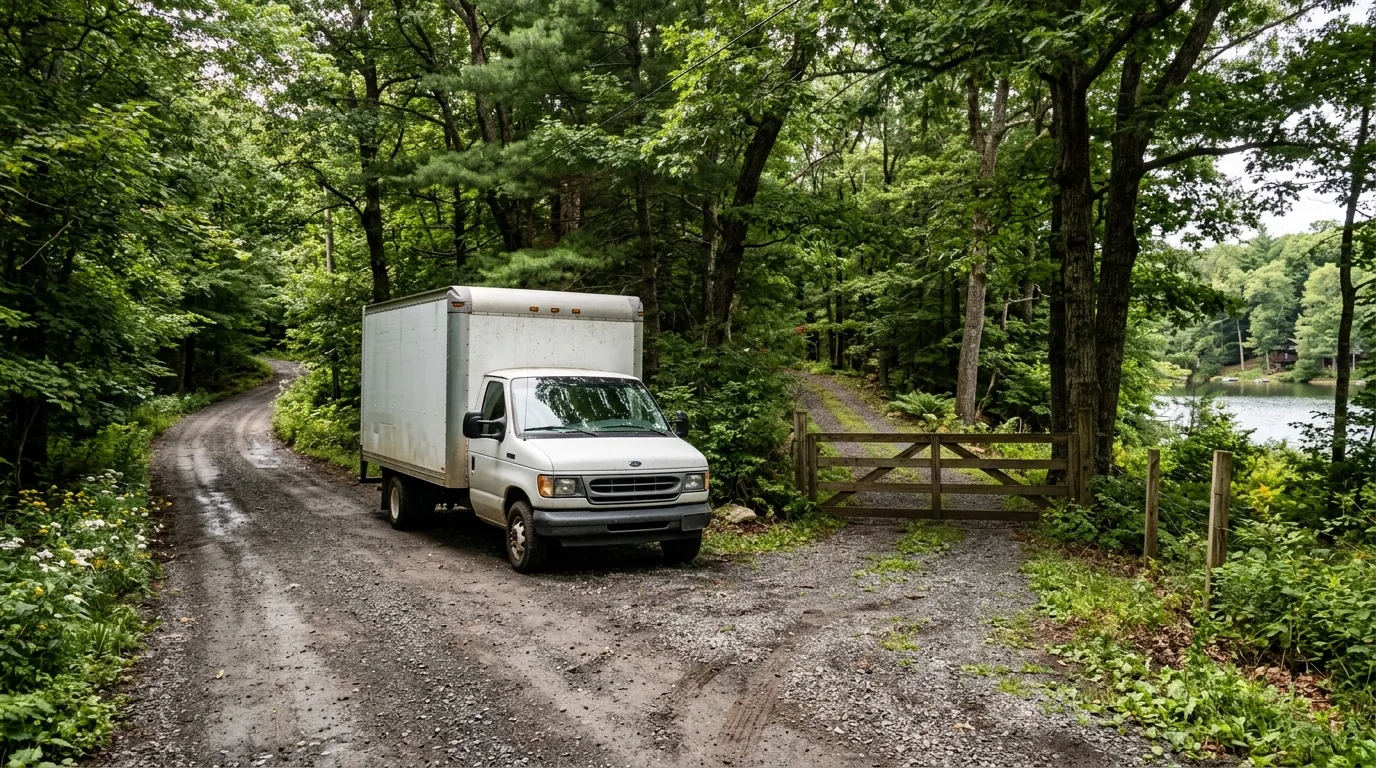 Moving truck on a gravel road near a gated driveway in Dingmans Ferry Moving truck on a gravel road near a gated driveway in Dingmans Ferry.
