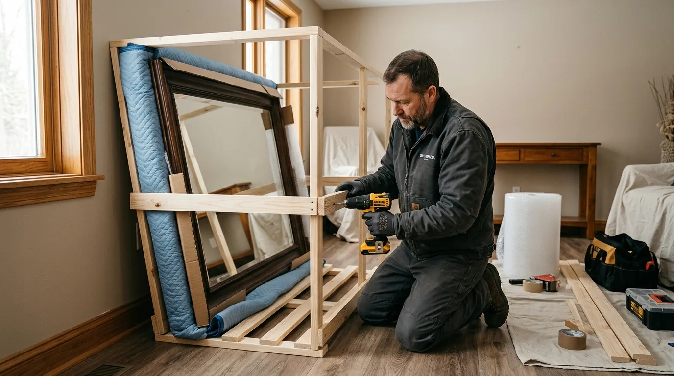 Mover crating a large framed mirror with wood and padding in a home Mover crating a large framed mirror with wood and padding in a home.