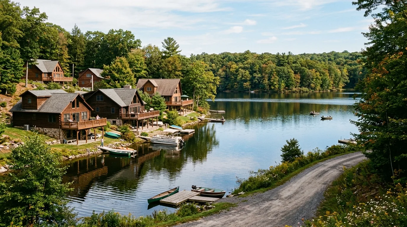 Lakeside homes with wood siding and decks overlooking the water in Dingmans Ferry Lakeside homes with wood siding and decks overlooking the water in Dingmans Ferry.