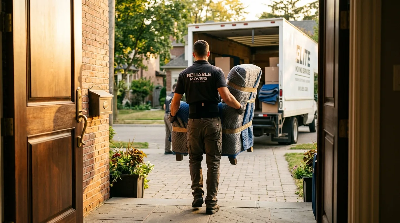 Mover carrying a wrapped chair through a doorway toward a moving truck.