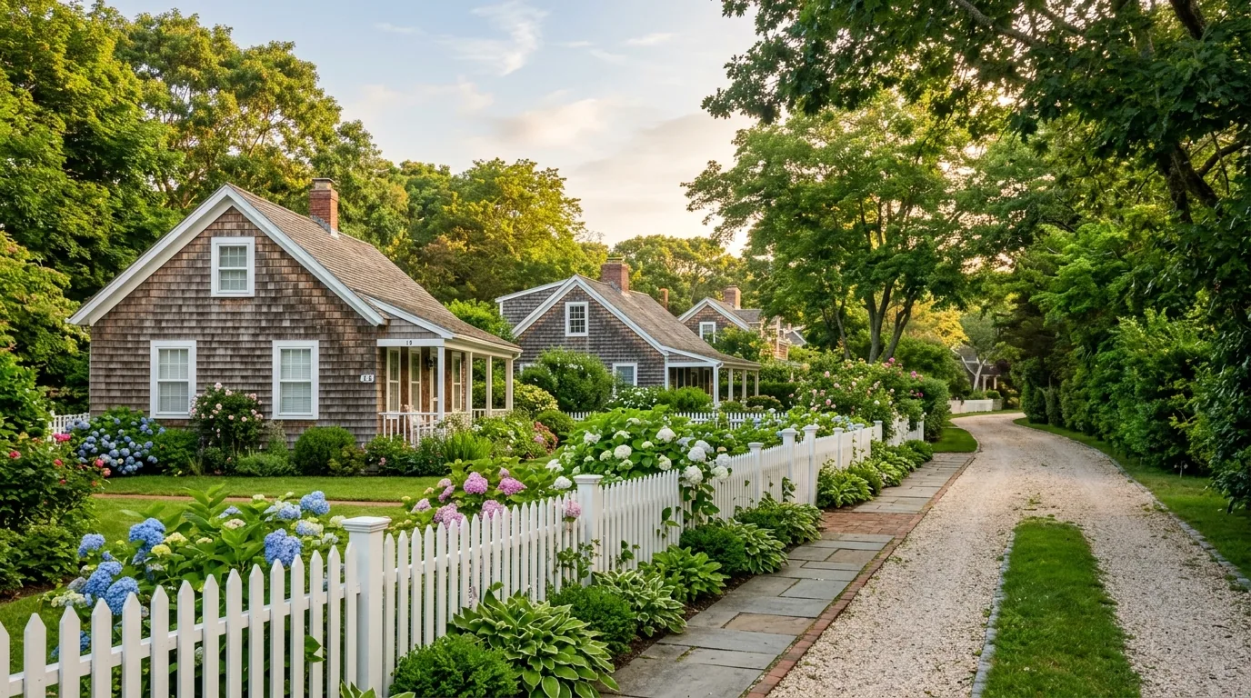 Cedar-shingled cottages and white picket fence on a quiet East Hampton lane Cedar-shingled cottages and white picket fence on a quiet East Hampton lane.