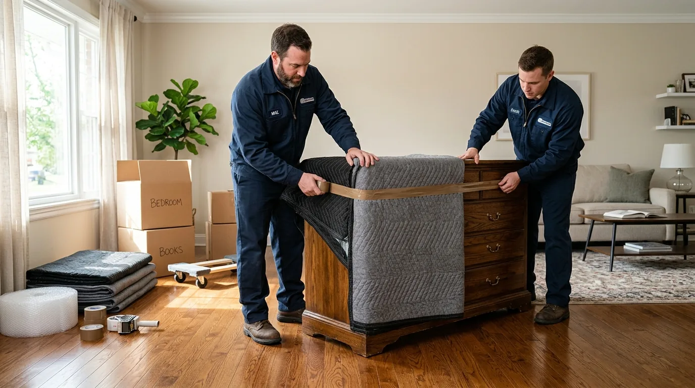 Movers wrapping a wooden dresser in blankets in a bright East Hampton living room Movers wrapping a wooden dresser in blankets in a bright East Hampton living room.