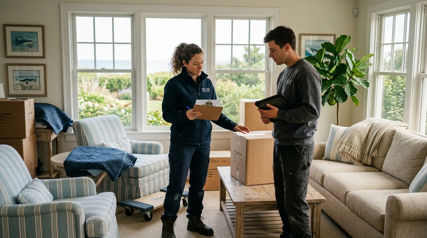 Crew lead with clipboard planning a move in a sunlit East Hampton home Crew lead with clipboard planning a move in a sunlit East Hampton home.
