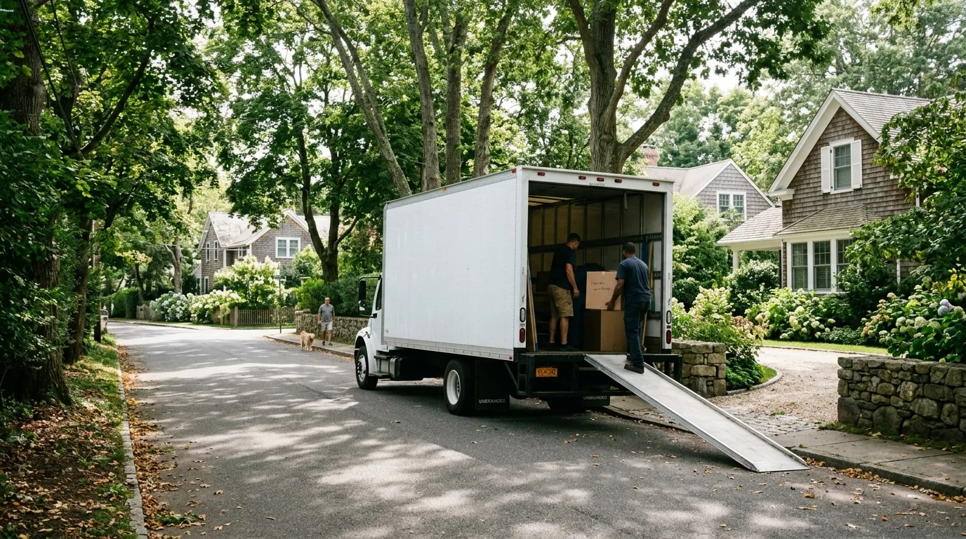 Moving truck on a narrow, tree-lined street in East Hampton Moving truck on a narrow, tree-lined street in East Hampton.