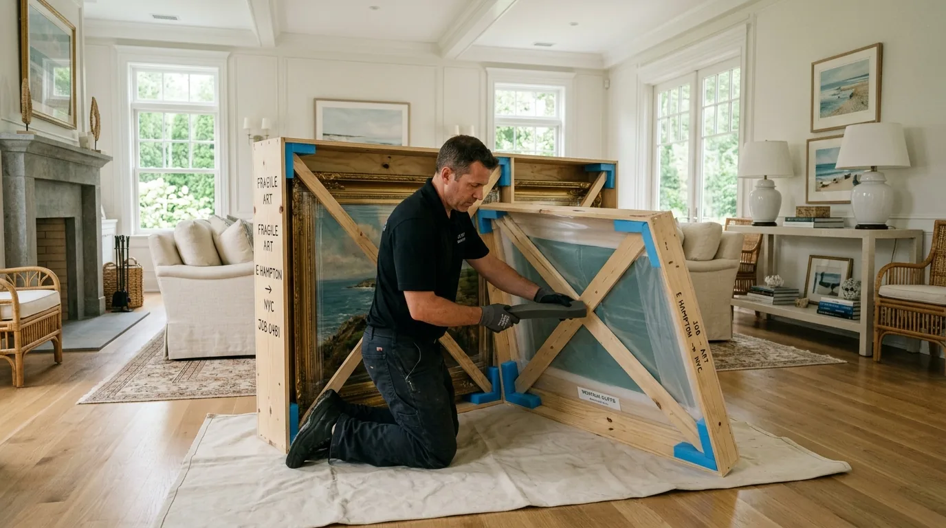 Mover crating a large painting in a refined East Hampton interior Mover crating a large painting in a refined East Hampton interior.