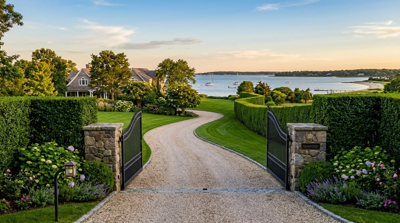 Driveway of a waterfront estate with manicured lawn and bay view in East Hampton Driveway of a waterfront estate with manicured lawn and bay view in East Hampton.