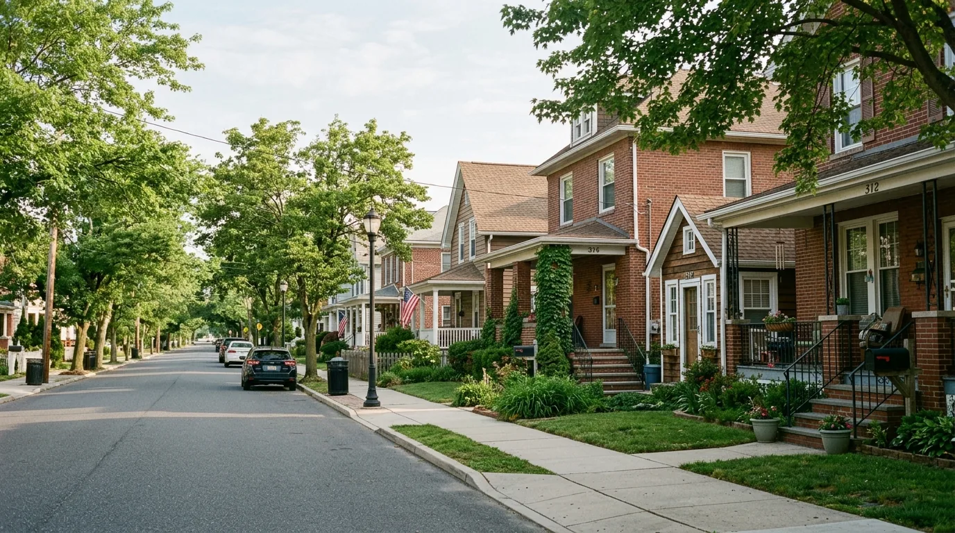 Tree-lined street in Egg Harbor City with brick and wood-frame houses Tree-lined street in Egg Harbor City with brick and wood-frame houses.