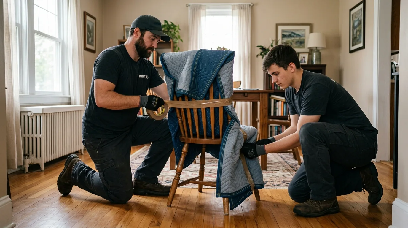 Movers wrapping a wooden chair with blankets and tape in a home Movers wrapping a wooden chair with blankets and tape in a home.