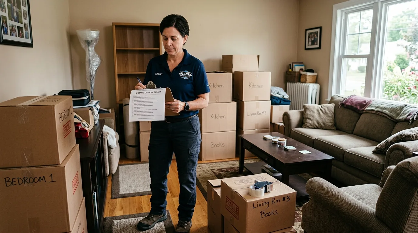Mover with clipboard planning in a lived-in Egg Harbor City living room Mover with clipboard planning in a lived-in Egg Harbor City living room.