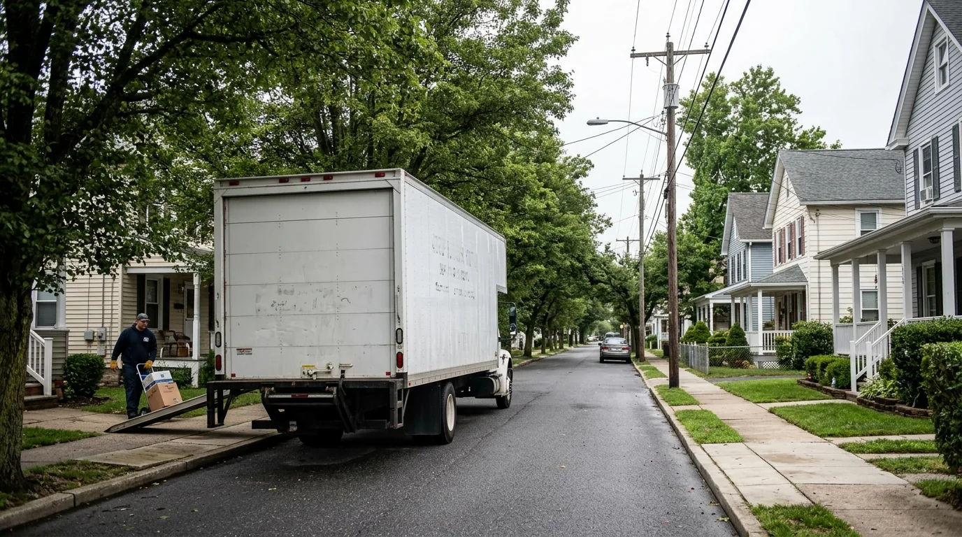 Moving truck parked on a narrow residential street in Egg Harbor City Moving truck parked on a narrow residential street in Egg Harbor City.