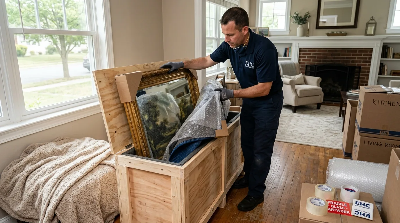 Protecting a framed painting A mover wrapping a framed painting beside an open wooden transport crate.