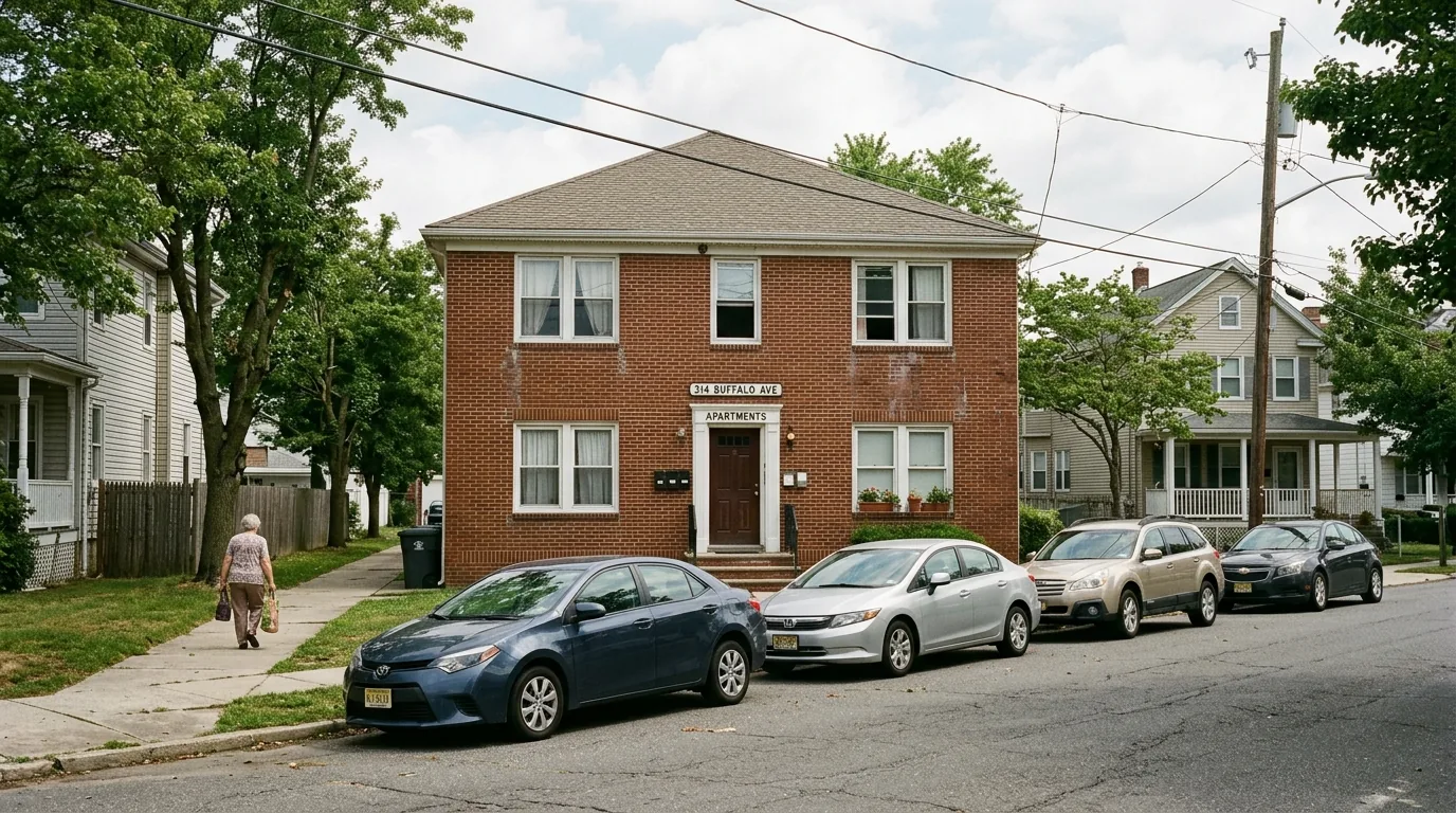 Small brick apartment building with parked cars in Egg Harbor City Small brick apartment building with parked cars in Egg Harbor City.