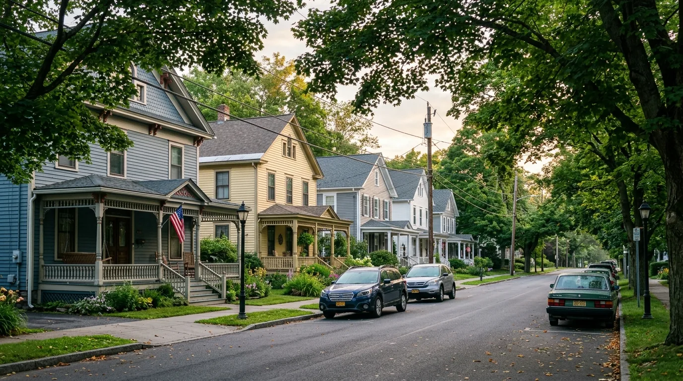 Tree-lined street in Ellenville with older wood-frame homes and morning light.