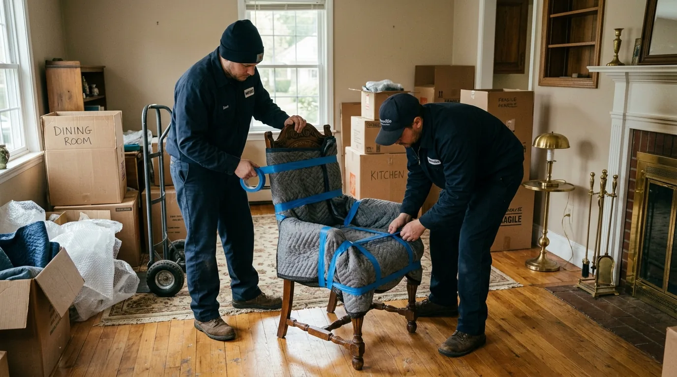 Movers wrapping a wooden chair with blankets and tape in an Ellenville home.