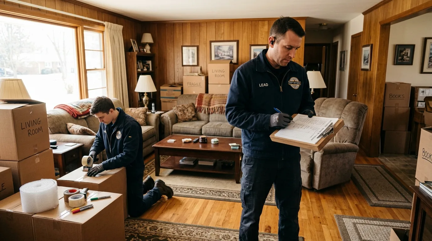 Crew lead with clipboard planning a move in a ranch-style Ellenville living room.