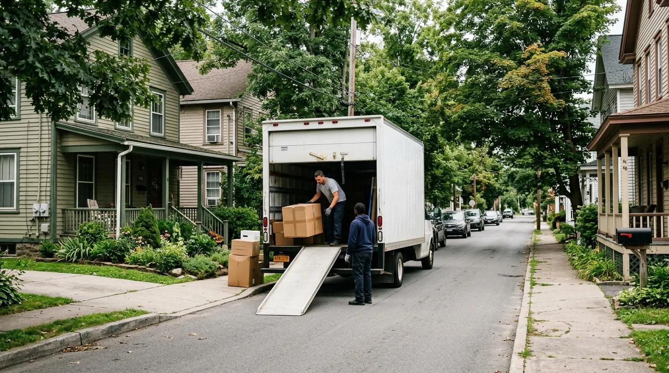Moving truck on a narrow Ellenville street with older homes and tree cover.