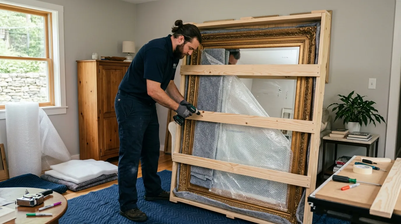 Mover crating a large mirror with wood and padding in an Ellenville home.