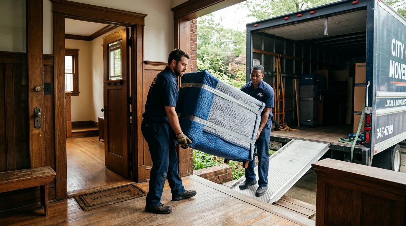 Movers carrying a wrapped dresser through a doorway into a moving truck in Ellenville.
