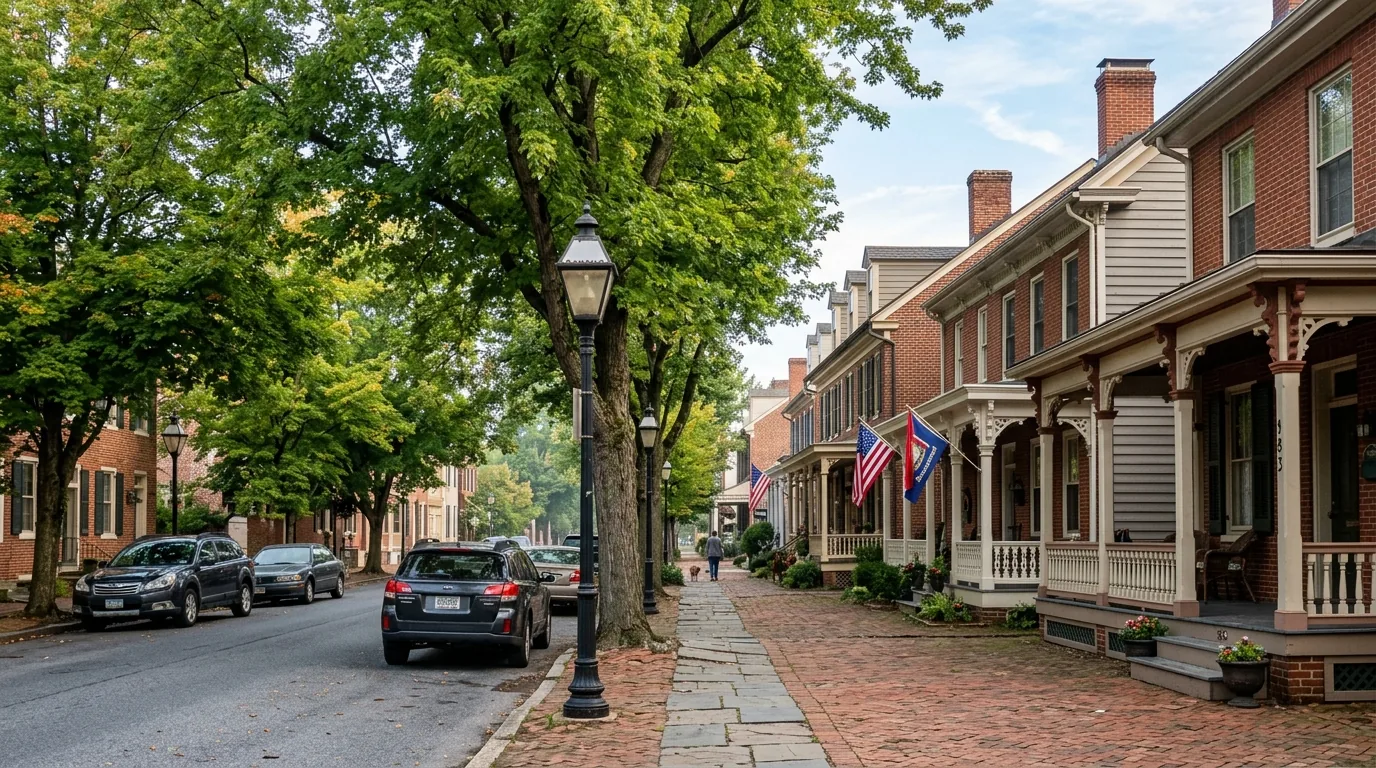 Tree-lined Gettysburg street with historic brick homes and Victorian porches in morning light Tree-lined Gettysburg street with historic brick homes and Victorian porches in morning light.