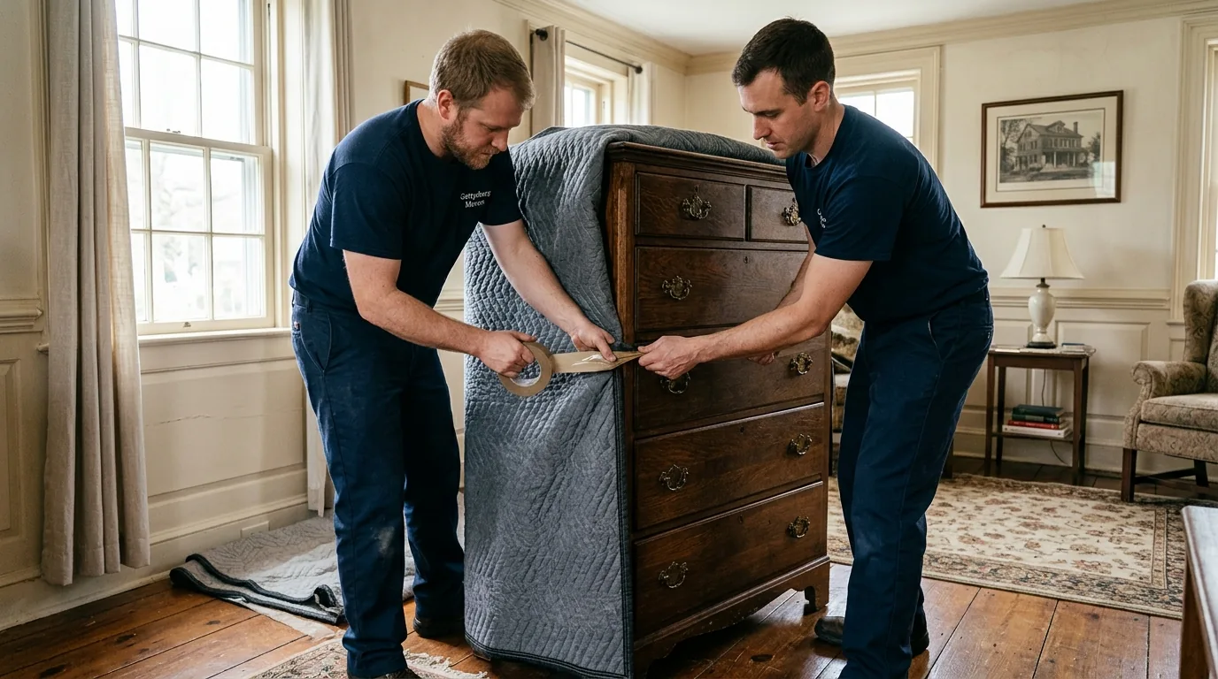 Movers in dark uniforms wrapping a wooden dresser with blankets and tape in a historic home Movers in dark uniforms wrapping a wooden dresser with blankets and tape in a historic home.