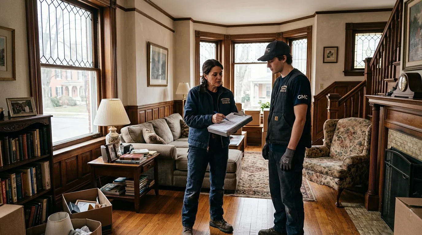 Crew lead with clipboard planning a move in a furnished Gettysburg living room Crew lead with clipboard planning a move in a furnished Gettysburg living room.