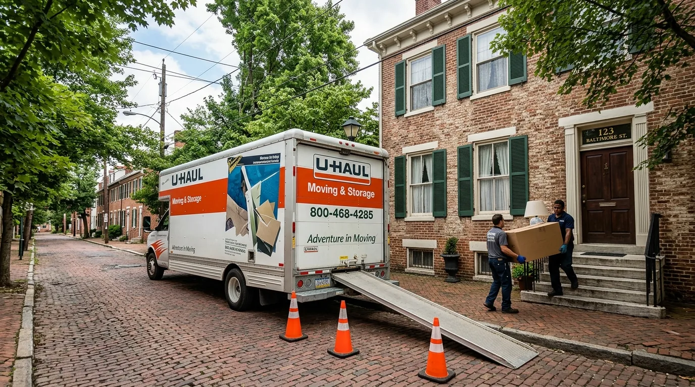 Moving truck parked on a narrow brick street in Gettysburg, cones marking the space Moving truck parked on a narrow brick street in Gettysburg, cones marking the space.