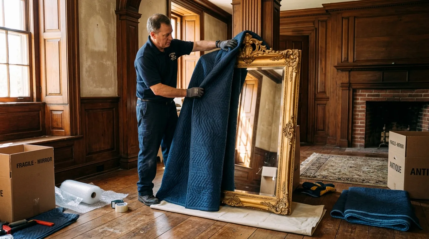 Mover wrapping an antique mirror with blankets in a period Gettysburg home.