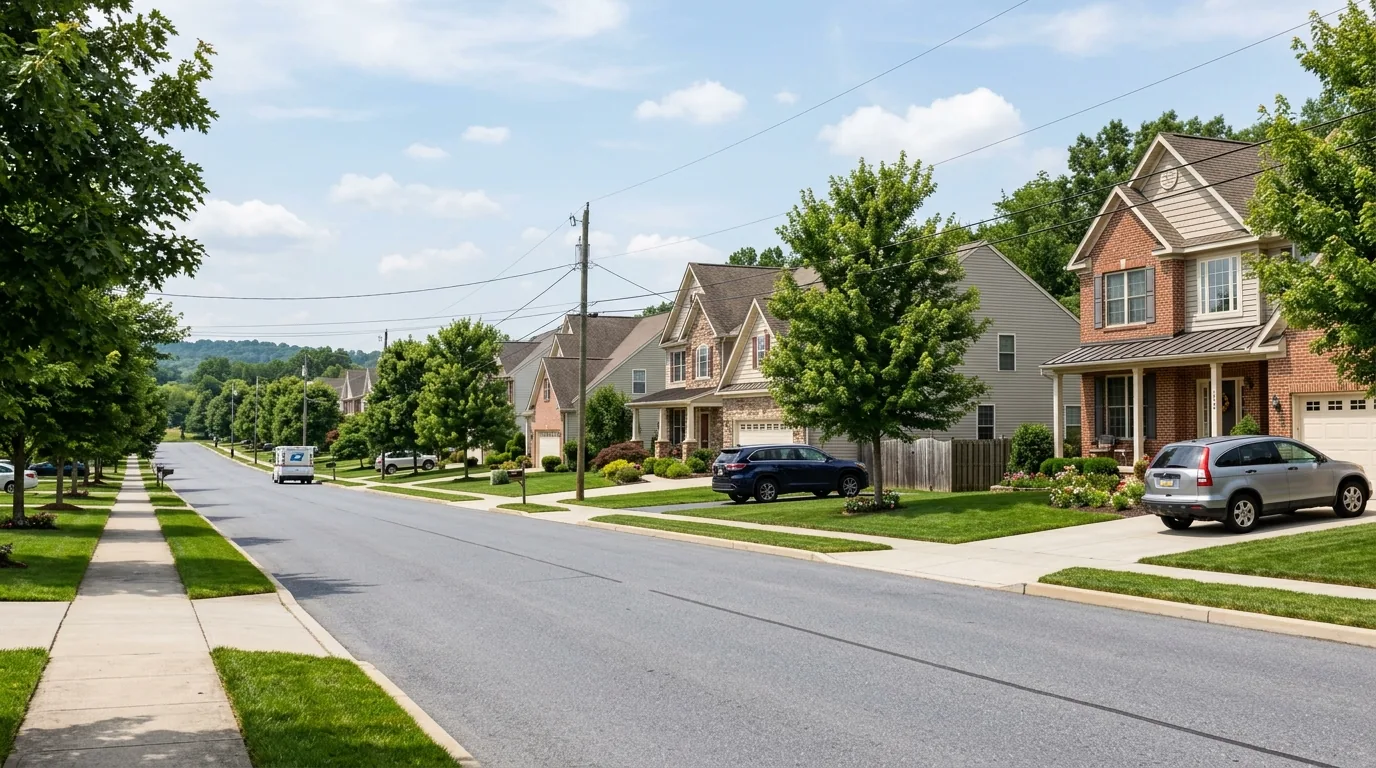 Suburban Gettysburg street with newer homes, green lawns, and mature trees Suburban Gettysburg street with newer homes, green lawns, and mature trees.