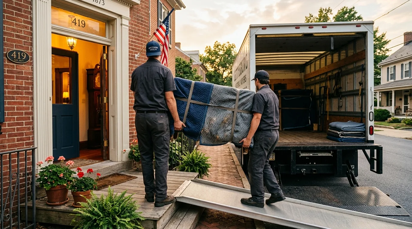 Movers carrying a wrapped furniture piece from a Gettysburg home into a moving truck Movers carrying a wrapped furniture piece from a Gettysburg home into a moving truck.