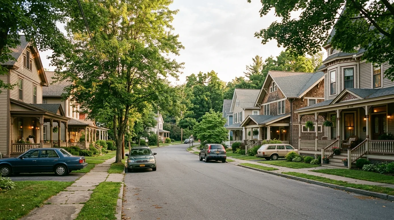 Tree-lined street with historic homes in Hawley, Pennsylvania, in soft morning light Tree-lined street with historic homes in Hawley, Pennsylvania, in soft morning light.