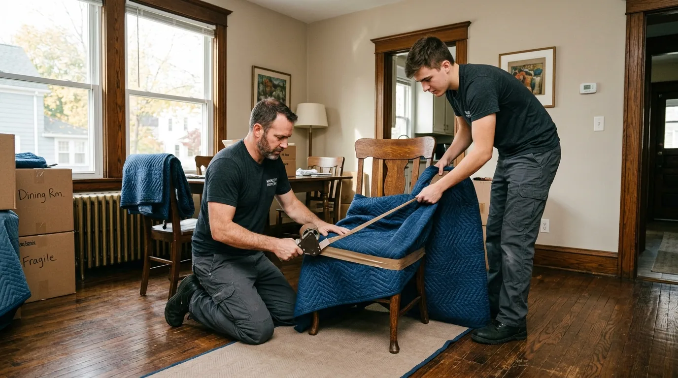 Movers wrapping a wooden chair with blankets and tape in a Hawley home Movers wrapping a wooden chair with blankets and tape in a Hawley home.