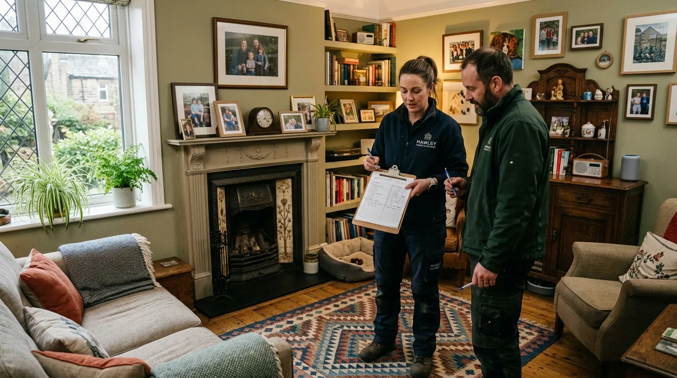 Moving crew lead with clipboard planning in a furnished Hawley living room Moving crew lead with clipboard planning in a furnished Hawley living room.