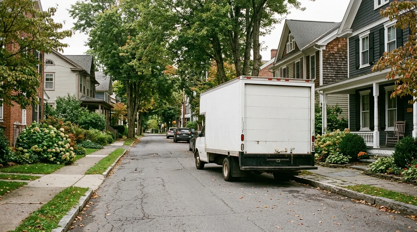 Moving truck parked on a narrow residential street in Hawley, Pennsylvania Moving truck parked on a narrow residential street in Hawley, Pennsylvania.