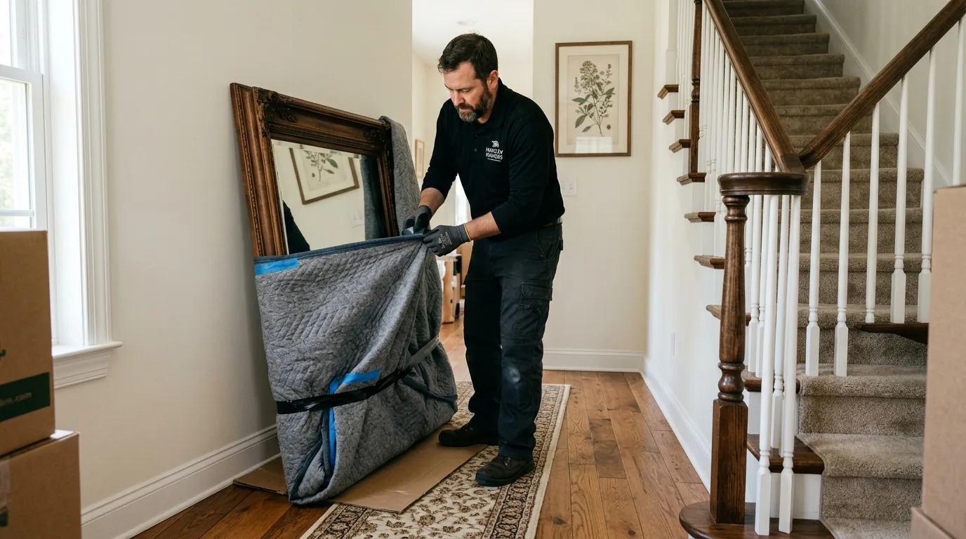 Mover blanket-wrapping a large mirror in a Hawley home.