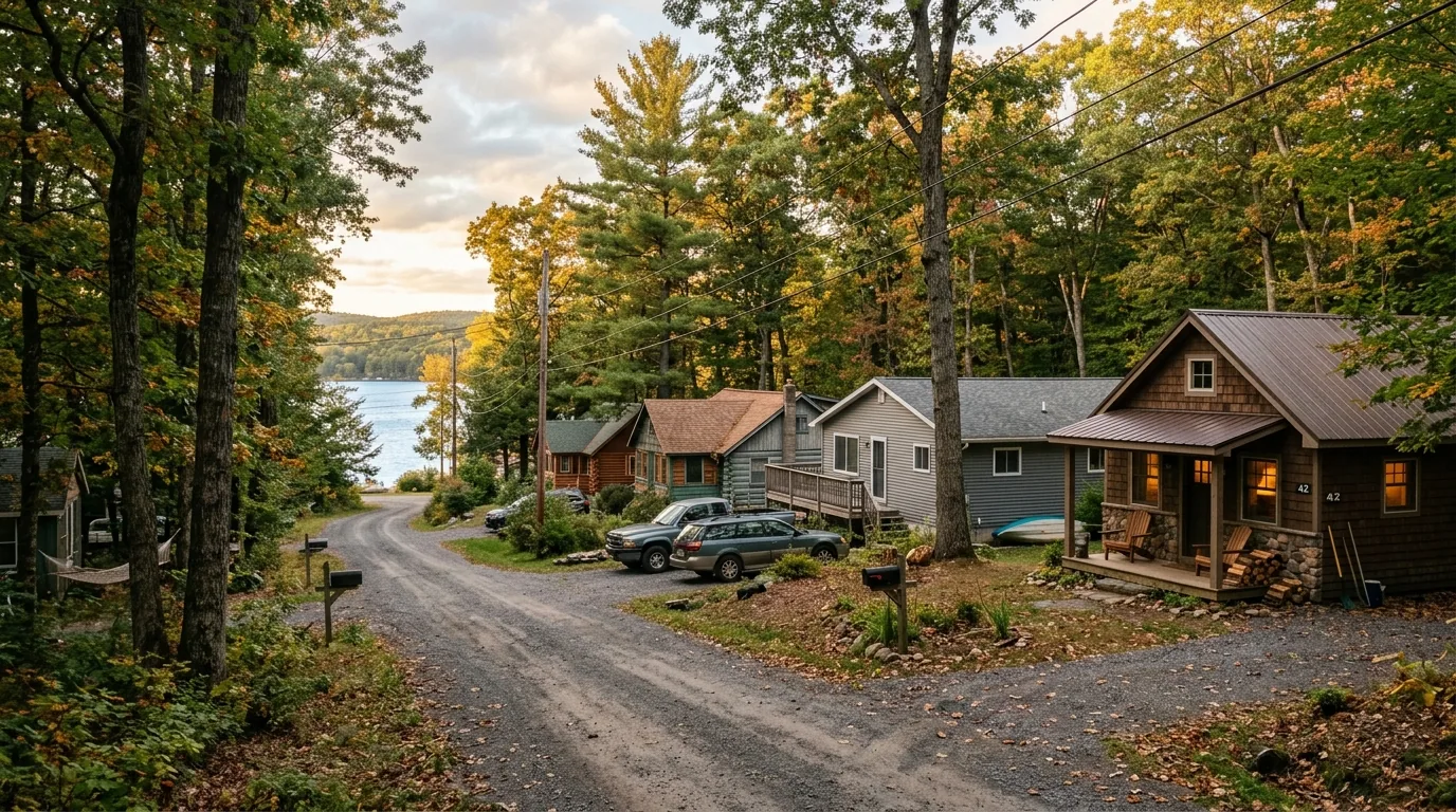 Lakeside cottage neighborhood with cabins and ranch homes near Hawley, Pennsylvania Lakeside cottage neighborhood with cabins and ranch homes near Hawley, Pennsylvania.