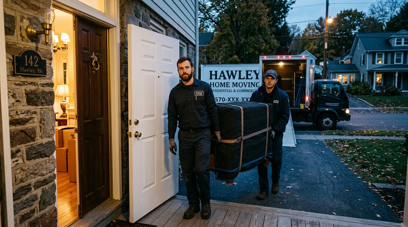 Movers carrying a wrapped dresser out of a Hawley home at dusk Movers carrying a wrapped dresser out of a Hawley home at dusk.