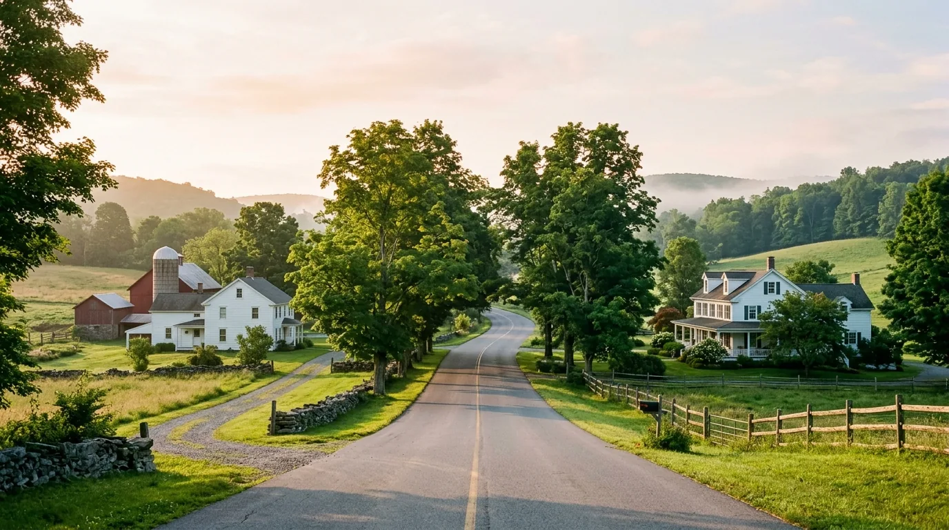 Tree-lined rural road in Hillsdale, NY with historic farmhouses and large lots in morning light Tree-lined rural road in Hillsdale, NY with historic farmhouses and large lots in morning light.