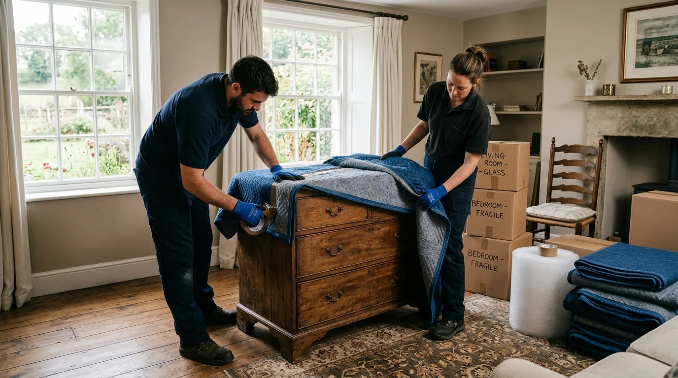 Movers wrapping a wooden dresser with blankets and tape inside a farmhouse room Movers wrapping a wooden dresser with blankets and tape inside a farmhouse room.